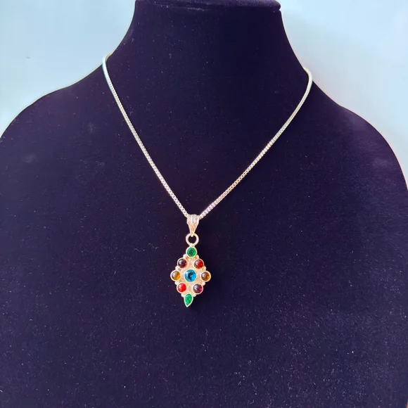 Multi Color Cubic Zirconia Sterling Silver Rhombus Pendant Chain Necklace